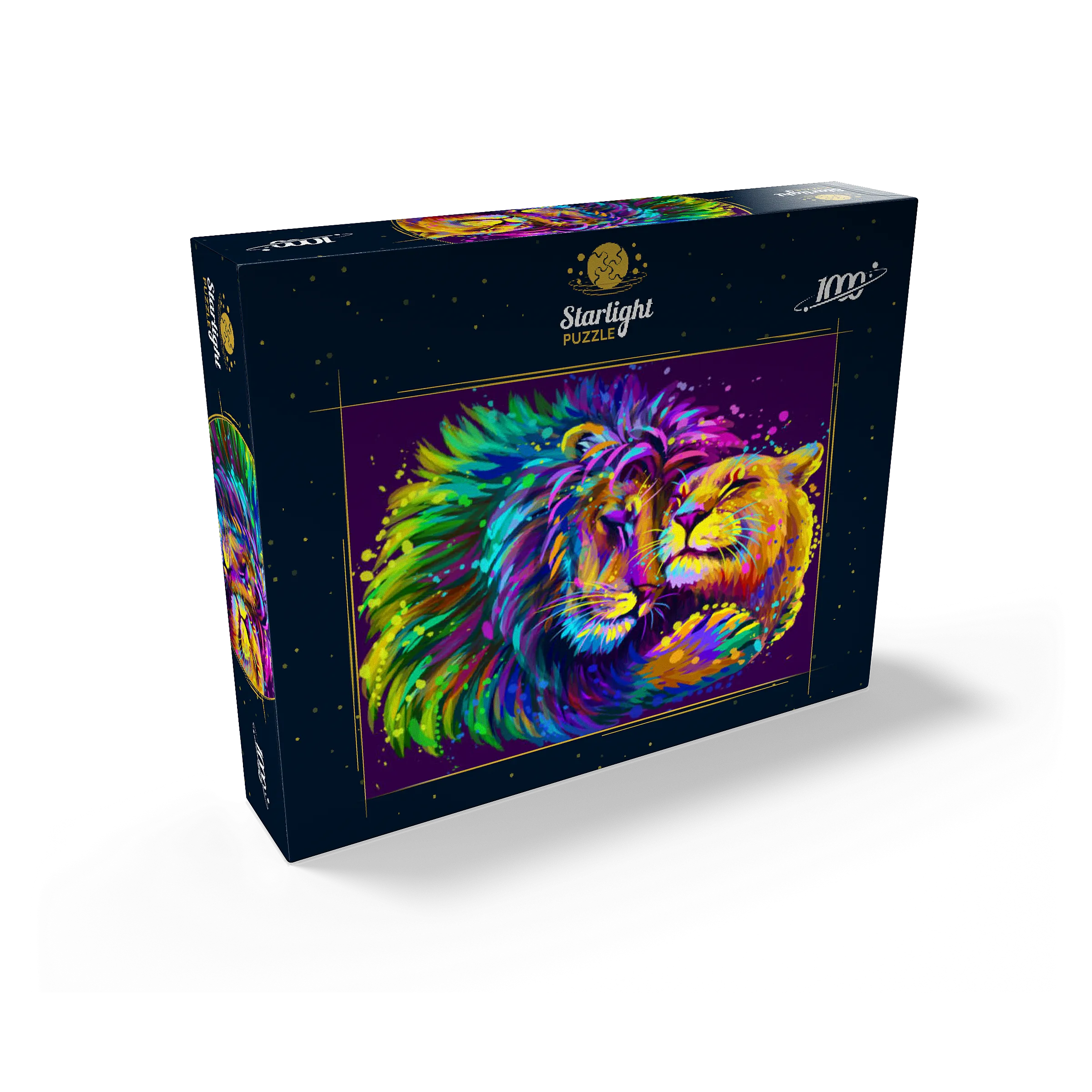 Artistic neon lion hugging lioness in pop art style