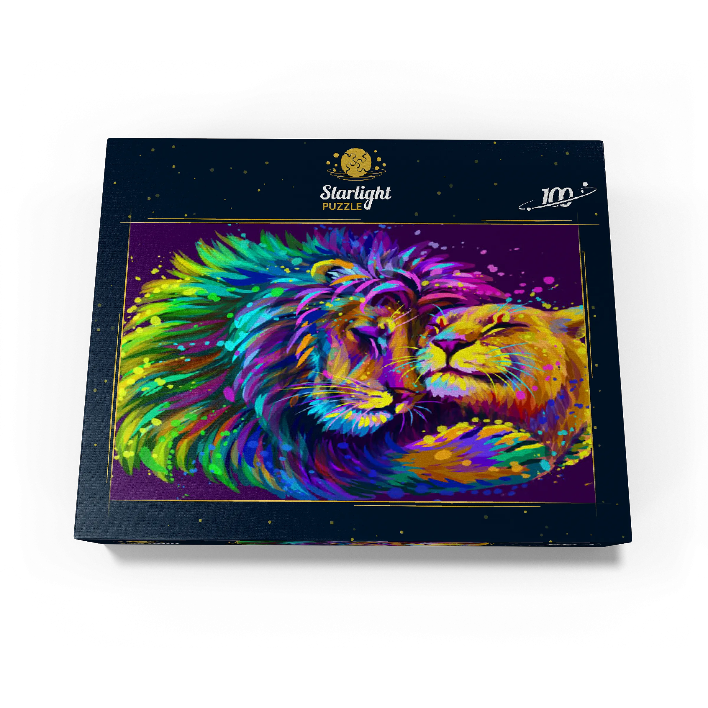 Artistic neon lion hugging lioness in pop art style