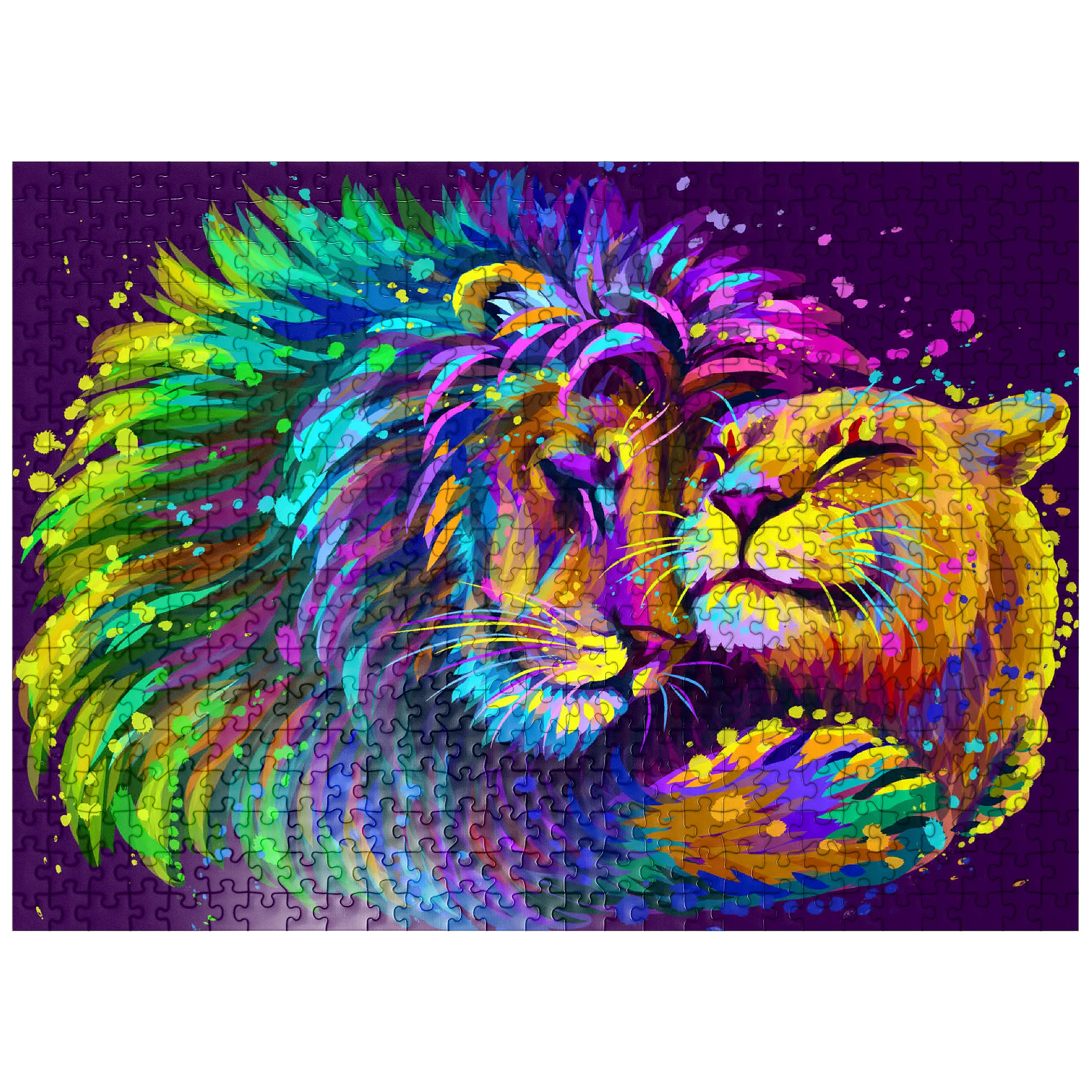 Artistic neon lion hugging lioness in pop art style