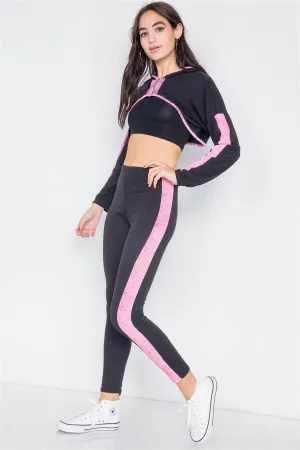 Black & Pink Snake Print Trim High Crop & Ankle Legging Set /3-2-1