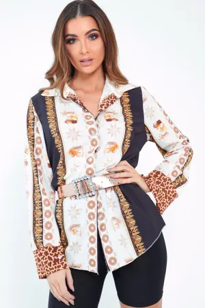 Black And White Leopard Print Detail Satin Shirt - Corean