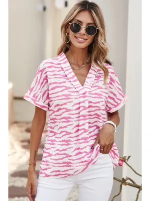 Blouse - Zebra Striped V-Neck Rolled Up Sleeve, Pink/White