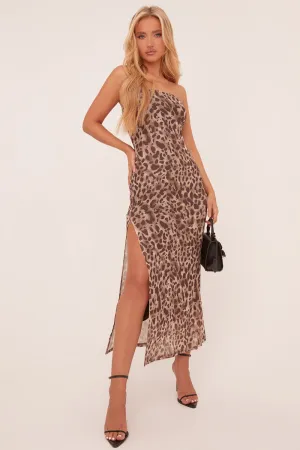 Brown Leopard Print Bandeau Slit Detail Midi Dress - Willoh