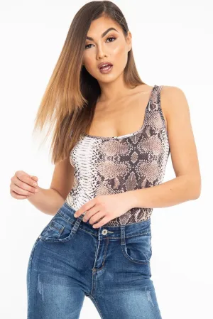 Brown Snake Print Sleeveless Bodysuit - Payge