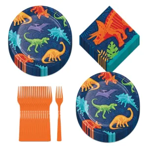 Dinosaur Party Neon Dino Dig Paper Dessert Plates, Napkins, and Forks (Serves 16)