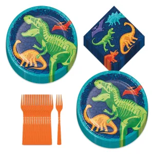 Dinosaur Party Neon Dino Dig Paper Dinner Plates, Napkins, and Forks (Serves 16)