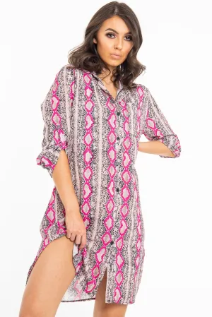 Fuchsia Snake Print Oversized Shirt Dress - Joselynn