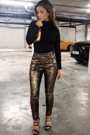 Gold Metallic Coated Snake Print Jeans - Tamsin