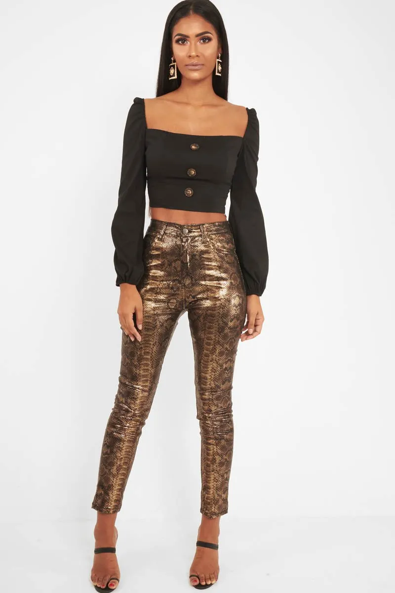Gold Metallic Coated Snake Print Jeans - Tamsin