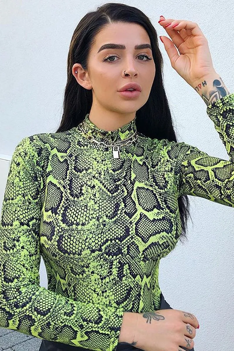 Green Snake Print Mesh Long Sleeve Top - Marisela