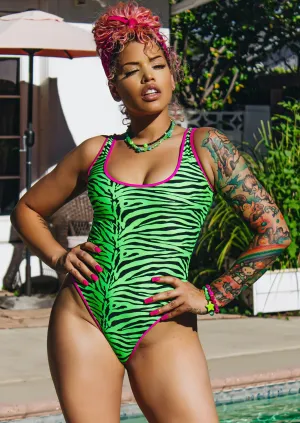 Highcut Onepiece Thong Swimsuit in Lime Green Zebra with Pink Trim