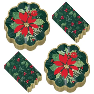 Holiday Blooms Holly Berry Gold Trimmed Scalloped Paper Plates and Napkins (Serves 16)