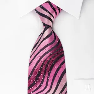 Lancetti Silk Rhinestone Necktie Pink Black Zebra Striped With Silver Sparkles