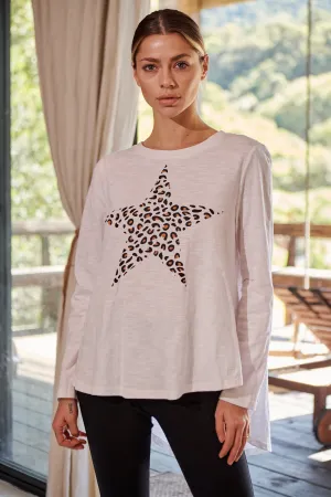 Leo Star Leopard Brown Print White Long Sleeve Top