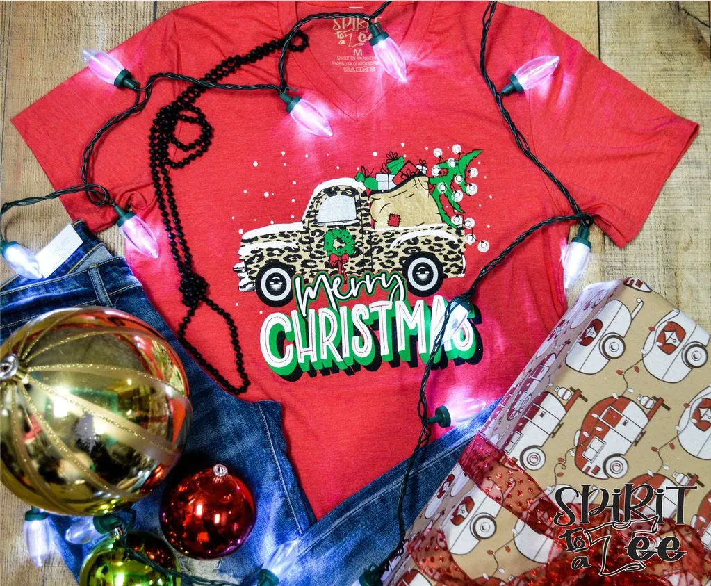 Merry Christmas Truck on Bella Canvas V-Neck Tee