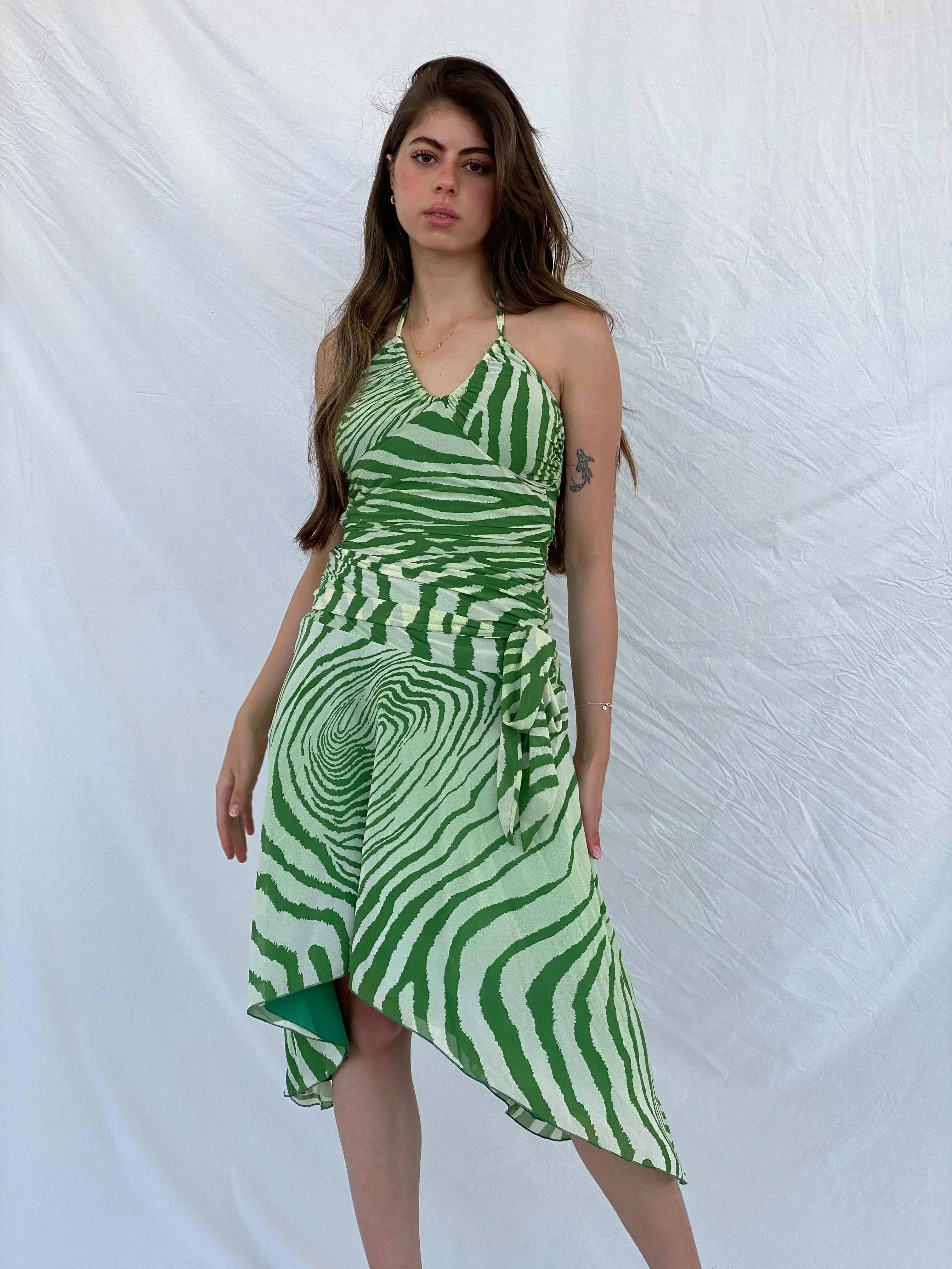 Pilgrim Green Asymmetric Zebra Print Ruched Waist Halter Dress - S