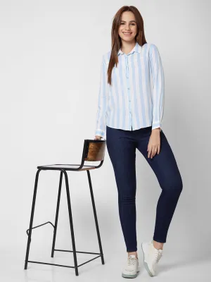 Spykar Full Sleeve Striped Blue Shirt For Women