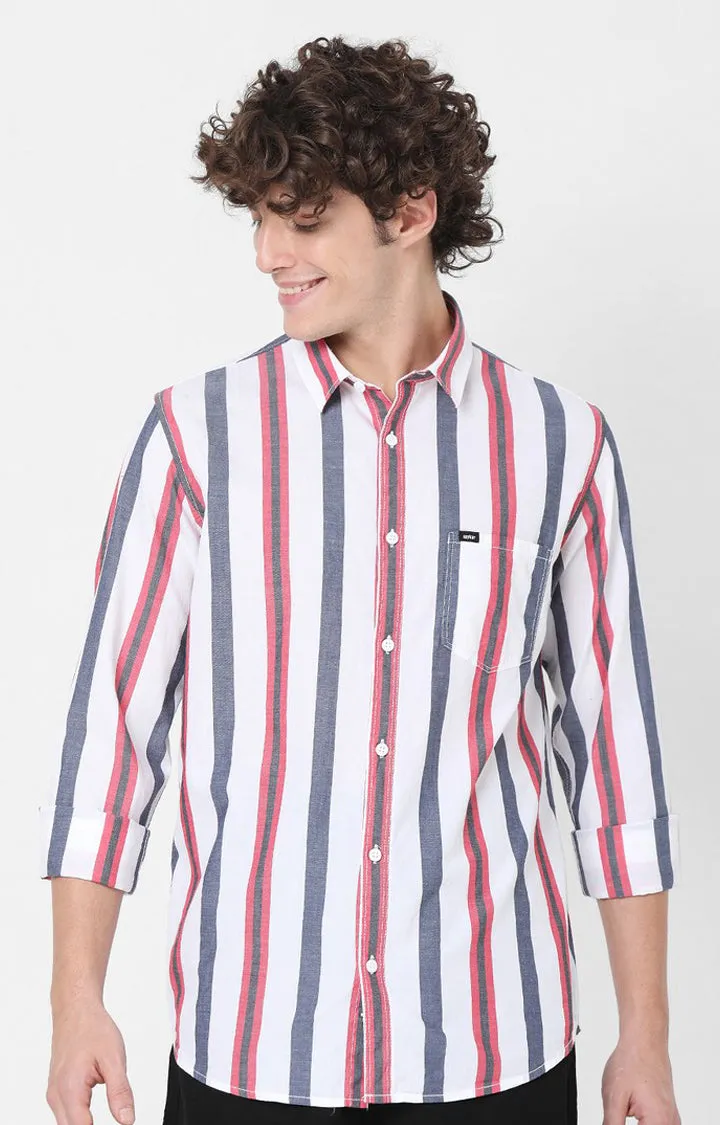 Spykar Slim Fit White Striped Full Sleeve Shirts For Men