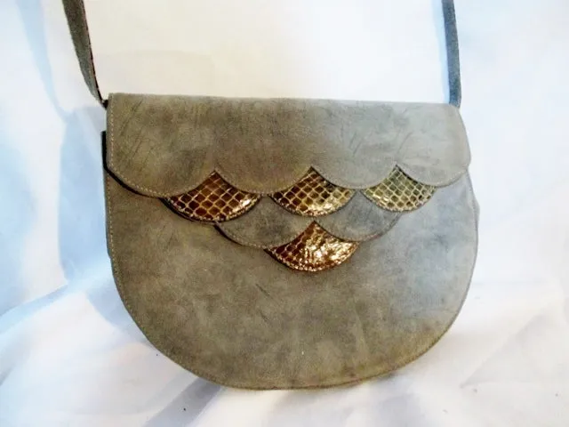 VALENTINO GARAVANI Crossbody Suede Bag Purse GRAY Python Snake BROWN Leather