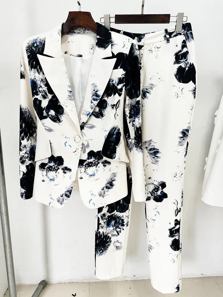 Women's Floral Fitted Beige Blazer   Pencil Pants Trousers Suit