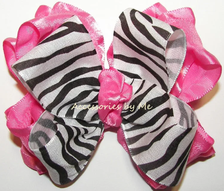 Zebra Hot Pink Ruffle Hair Bow